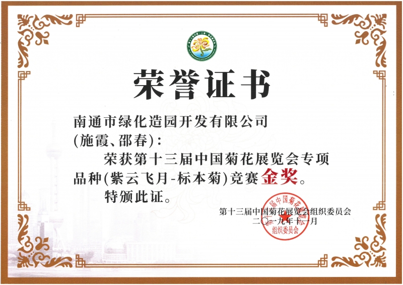 十三屆中國菊花展覽會專項品種（紫云飛月-標本菊）競賽金獎（施霞、邵春）